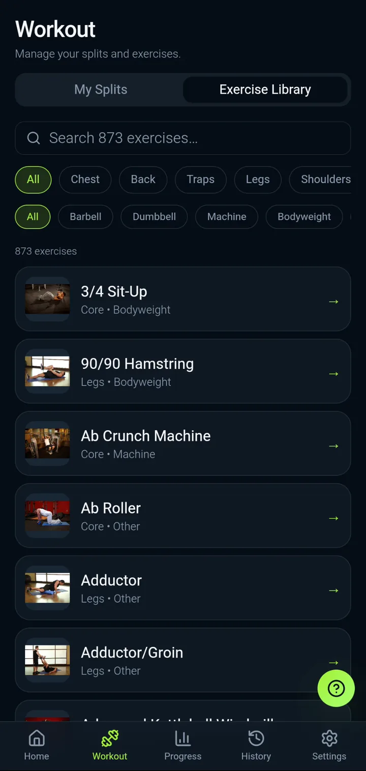 IronBuddy exercise library with 873 exercises, muscle and equipment filters, and demonstration thumbnails