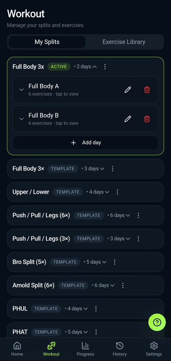 IronBuddy training split planner with an active Full Body split and templates like Push/Pull/Legs, Upper/Lower and PHUL