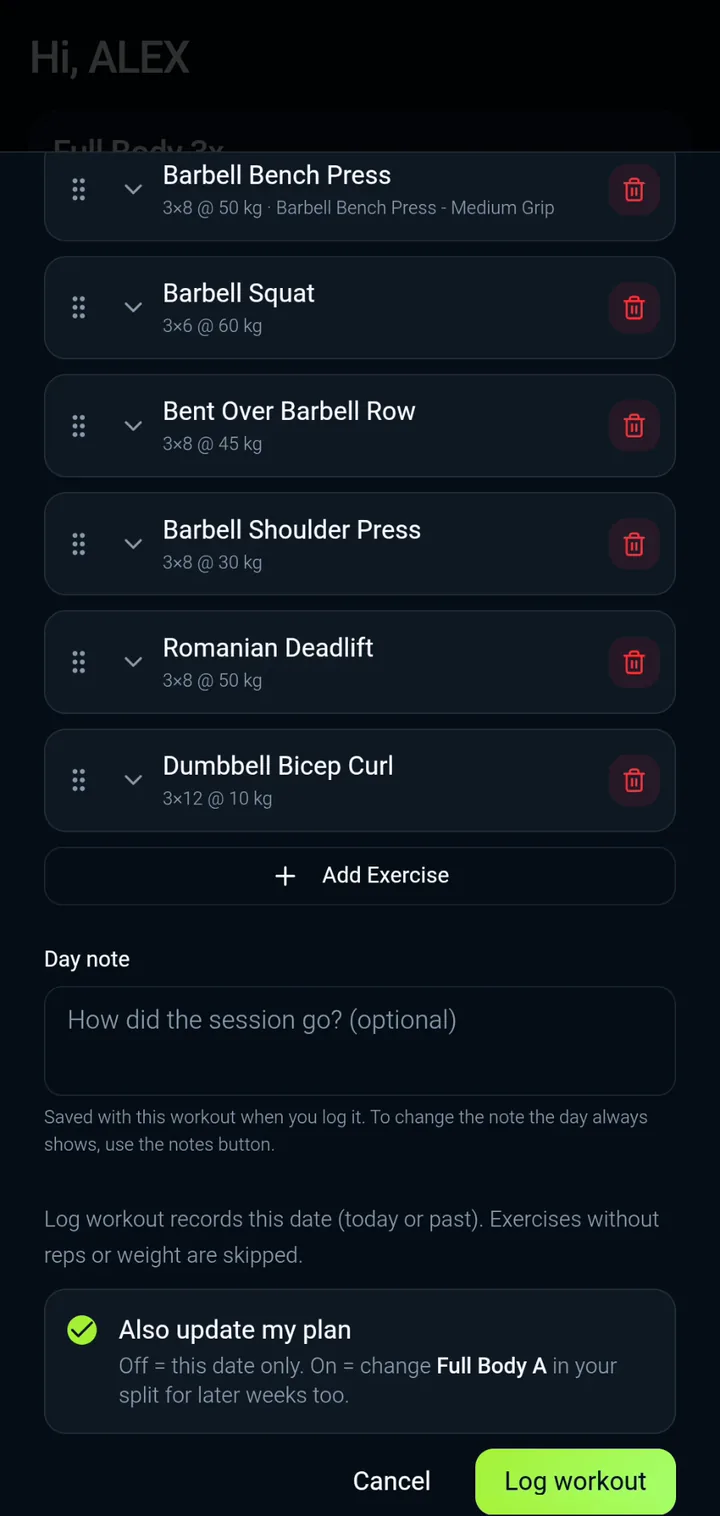 IronBuddy workout log: sets, reps and weight for each exercise in a full body workout, with a day note