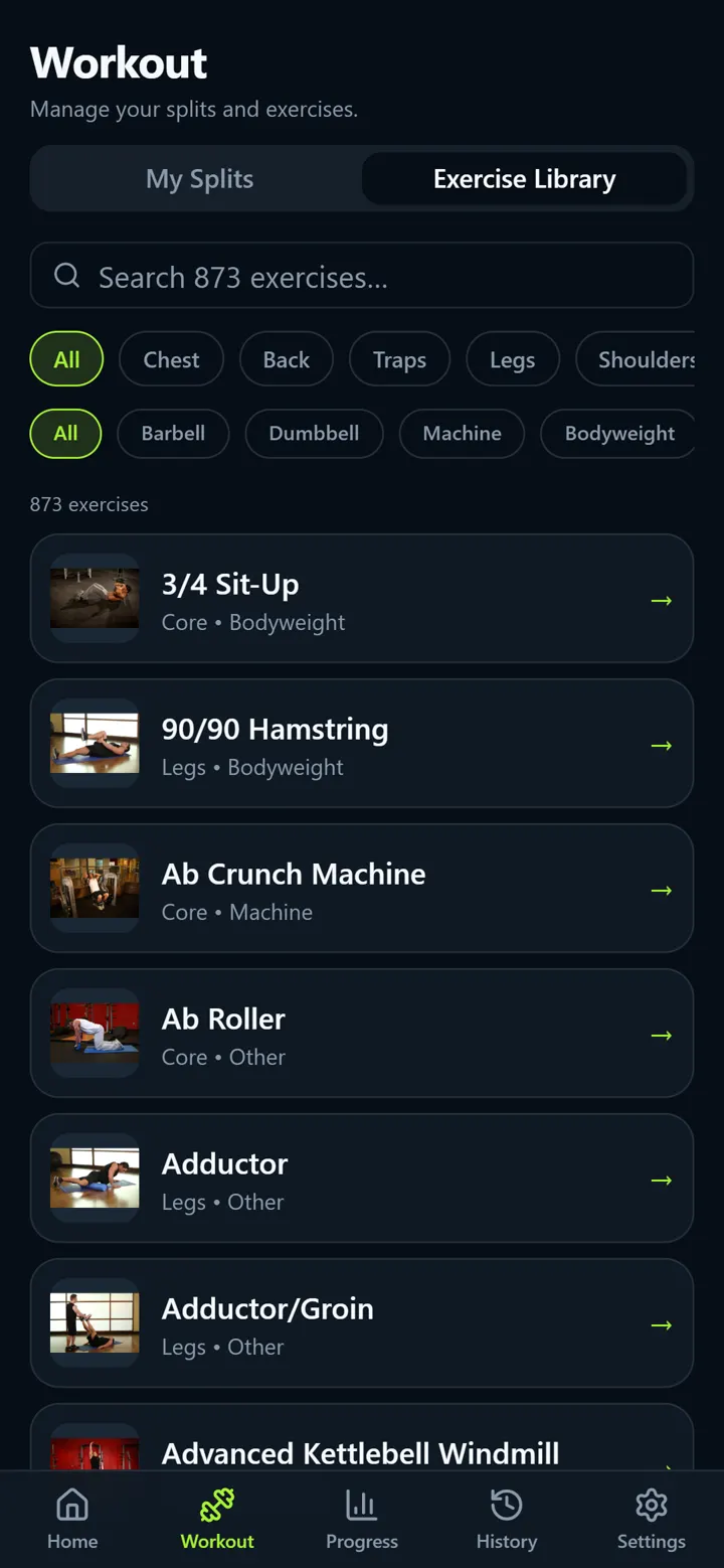 IronBuddy exercise library with search, muscle filters, and demonstration thumbnails