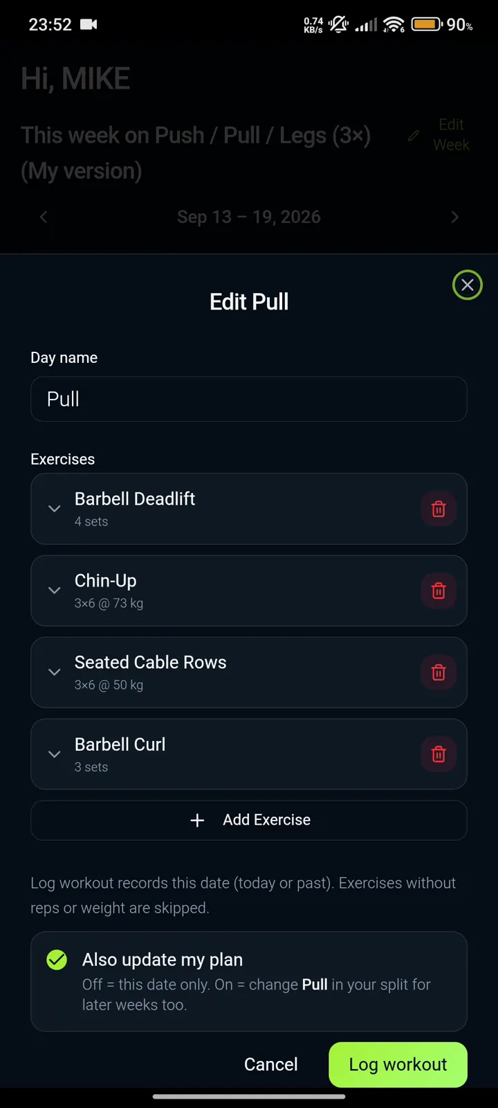 IronBuddy workout logging screen for editing a Pull day and saving sets, reps, and weight