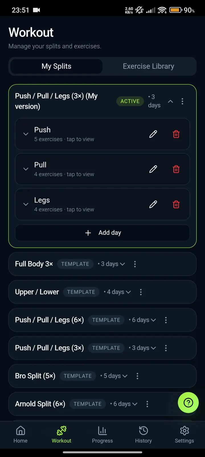 IronBuddy training splits screen with an active Push Pull Legs program
